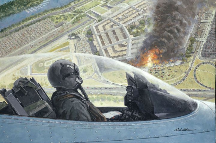 Painting of a North Dakota Air Guard 119th Fighter Wing F-16 on a combat air patrol over the burning Pentagon on 11 September 2001